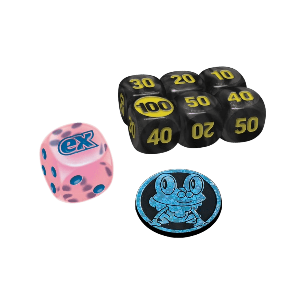 Pokemon Chaos Rising ETB damage counter dice coin flip die and Froakie collectible coin