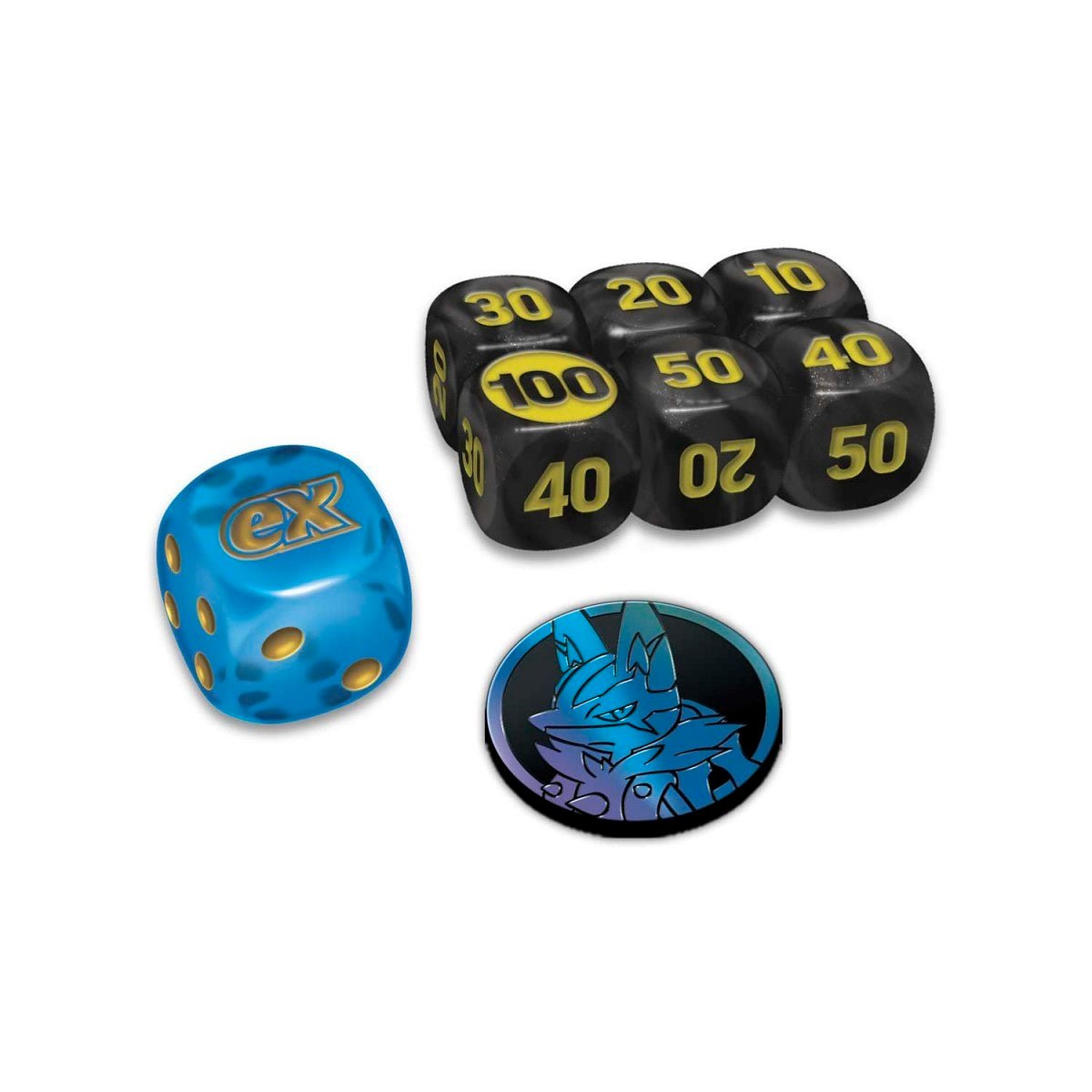 Set of pokemon mega evolution dice with various numbers and a blue die with 'ex'.