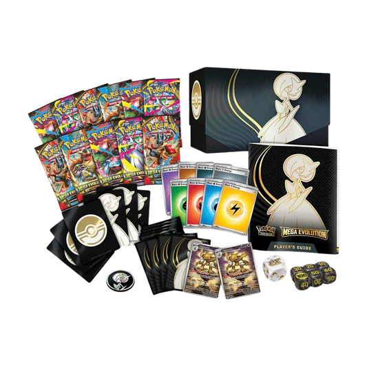 Collection of pokemon mega evolutions trading cards, packaging, and accessories.