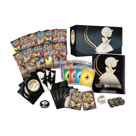 Collection of pokemon mega evolutions trading cards, packaging, and accessories.