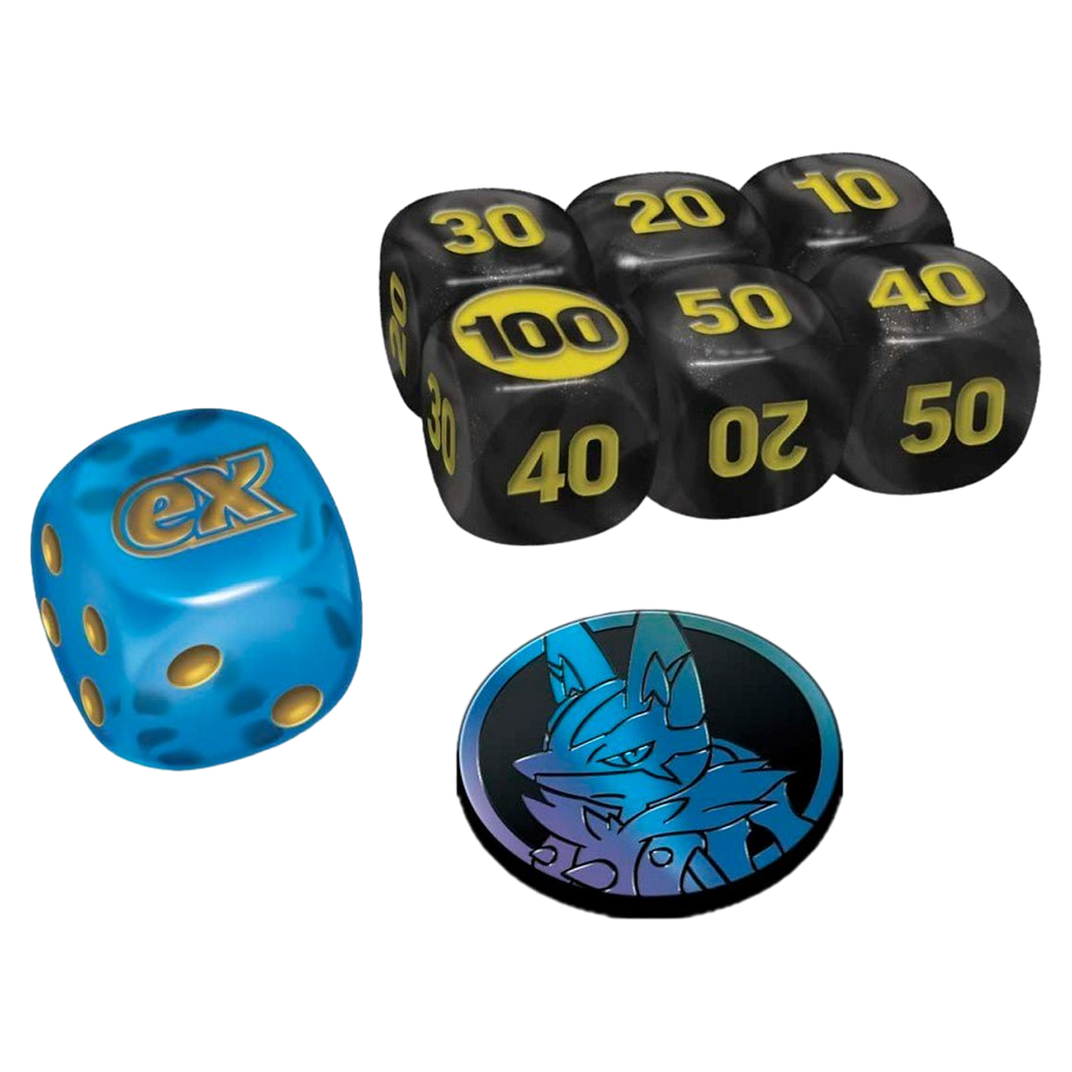 Set of pokemon mega evolution dice with various numbers and a blue die with 'ex'.