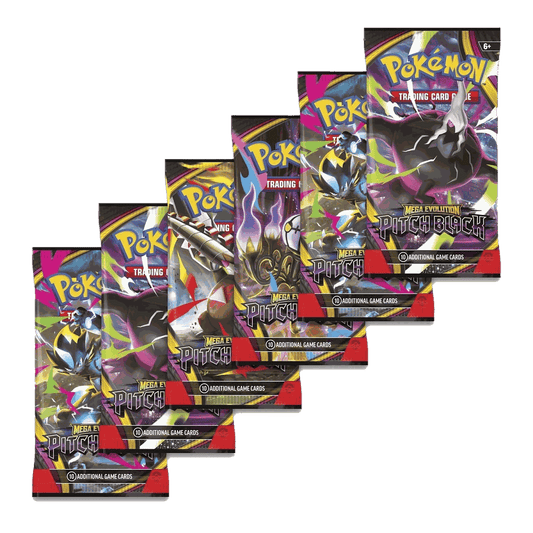 Six Pokemon Pitch Black booster packs fanned out showing all four pack artworks