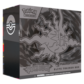 Pokemon Pitch Black Elite Trainer Box front with silver Mega Darkrai artwork and Pokemon Center logo