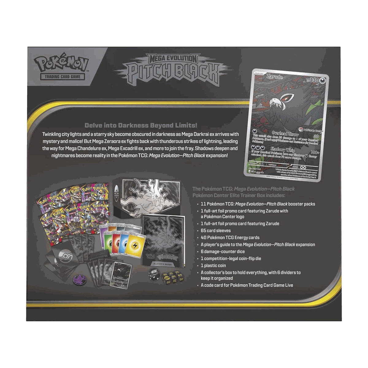Back of Pokemon Pitch Black Pokemon Center Elite Trainer Box showing the full contents list