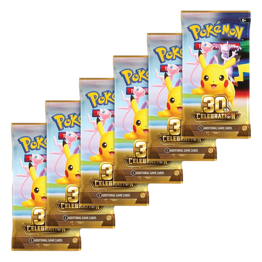 Six Pokémon 30th Celebration booster packs from the Booster Bundle, with Pikachu, Mew and Mewtwo artwork