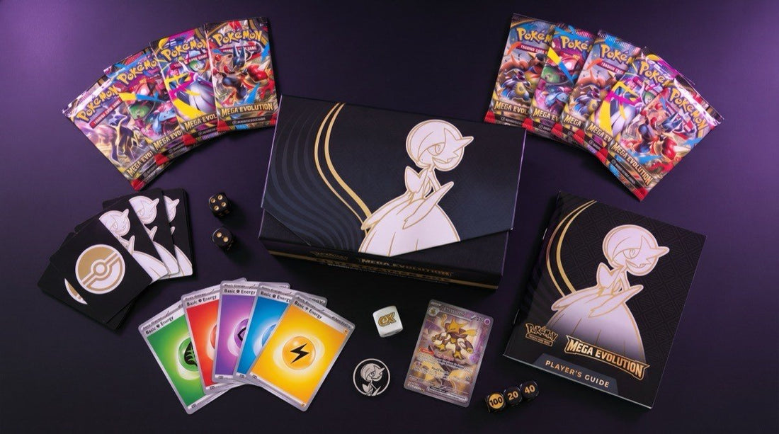 Mega Evolution Pokemon Center Elite Trainer Box opened with all contents laid out including booster packs, sleeves, dice, promo card, and energy cards