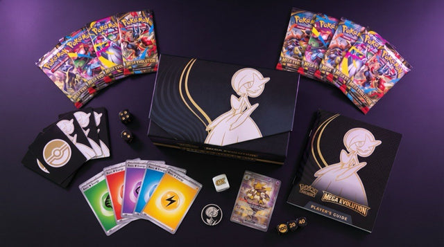 Mega Evolution Pokemon Center Elite Trainer Box opened with all contents laid out including booster packs, sleeves, dice, promo card, and energy cards