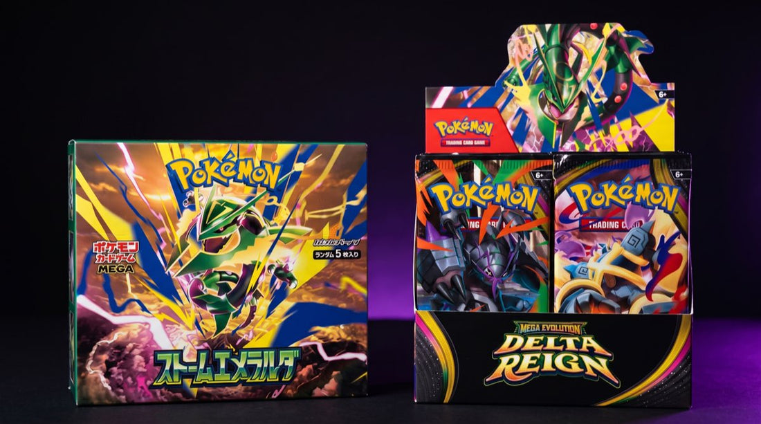 Pokemon Storm Emeralda Japanese booster box next to a Delta Reign English booster box display on a dark surface