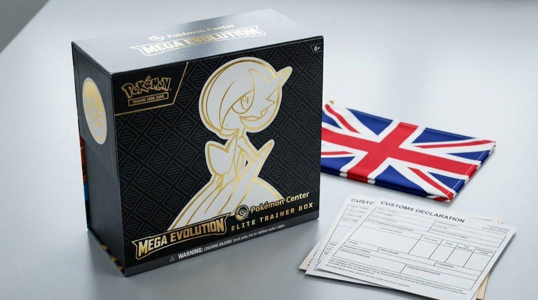 Pokemon Mega Evolution ETB next to UK customs declaration form and Union Jack flag