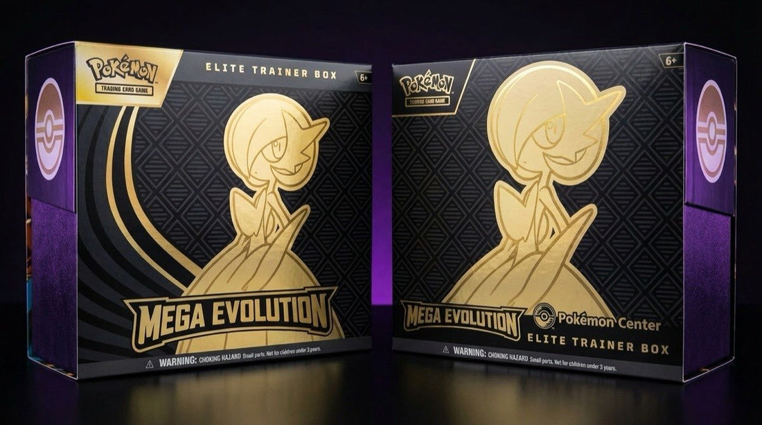 Standard retail vs Pokemon Center exclusive Mega Evolution Elite Trainer Box showing identical Gardevoir artwork with PC branding difference