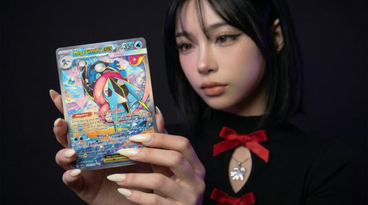 Mega Greninja ex Special Illustration Rare chase card from Pokemon Chaos Rising tilted to catch the holographic foil, held by the Evol Vault content host on a dark editorial backdrop