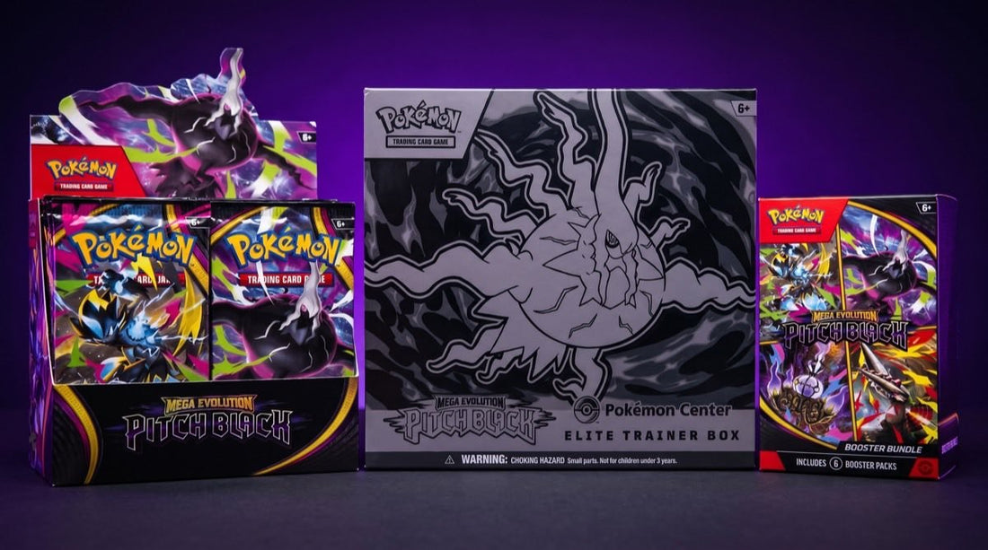 Pokemon Pitch Black Elite Trainer Box, booster box display and booster bundle on a dark surface with purple lighting