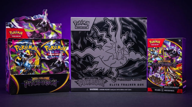 Pokemon Pitch Black Elite Trainer Box, booster box display and booster bundle on a dark surface with purple lighting