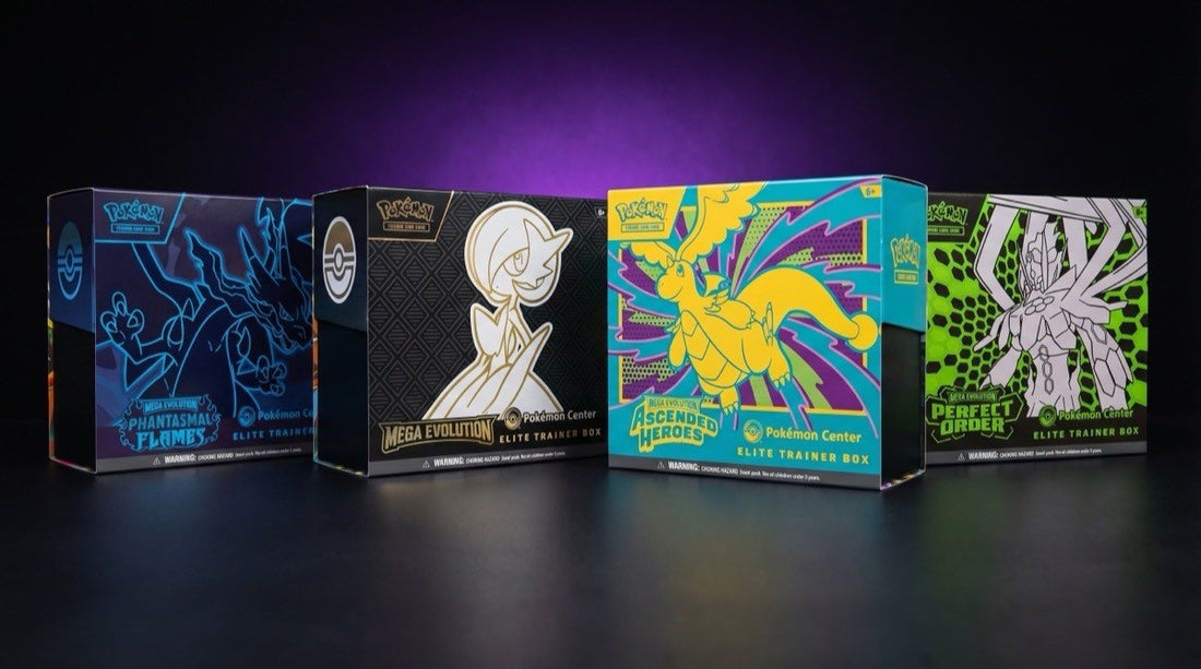 Four sealed Pokemon Center ETBs: Phantasmal Flames, Mega Evolution base, Ascended Heroes, and Perfect Order displayed as investment collection