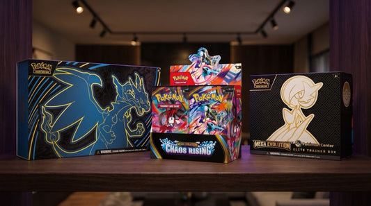 Sealed Pokemon collection on a dark walnut shelf with premium gallery lighting — Mega Charizard X Ultra-Premium Collection, Chaos Rising Booster Box, Mega Evolution Pokemon Center Elite Trainer Box