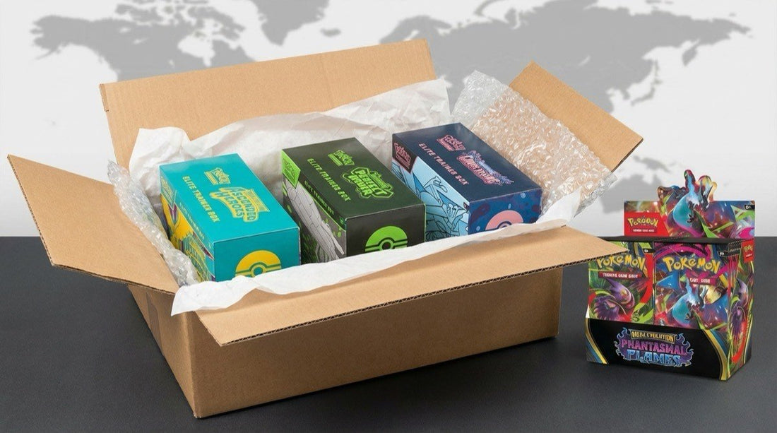 Pokemon TCG shipping box packed with sealed ETBs for worldwide delivery with world map background