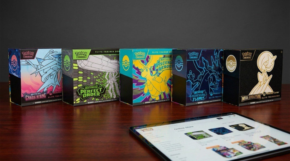 Five Pokemon Center ETBs from the Mega Evolution era with preorder screen showing store page