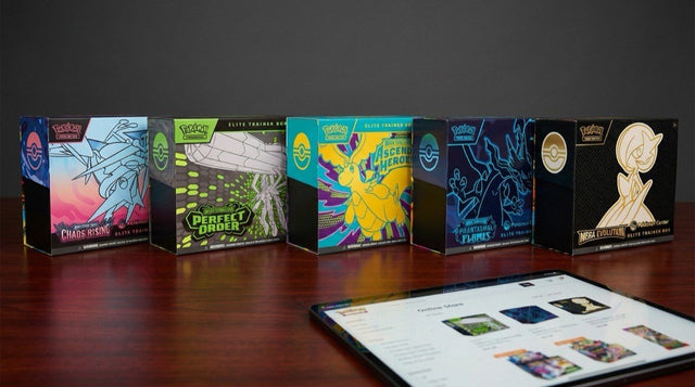 Five Pokemon Center ETBs from the Mega Evolution era with preorder screen showing store page