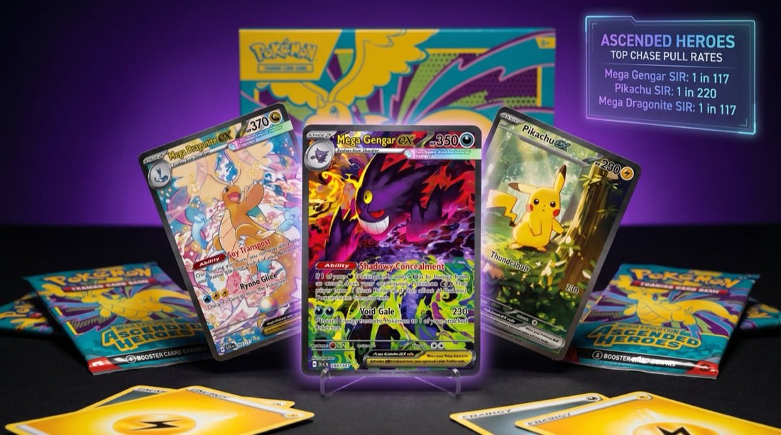 Ascended Heroes pull rates editorial flatlay with Mega Gengar SIR, Pikachu SIR, and Mega Dragonite SIR cards on a dark studio surface