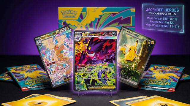 Ascended Heroes pull rates editorial flatlay with Mega Gengar SIR, Pikachu SIR, and Mega Dragonite SIR cards on a dark studio surface