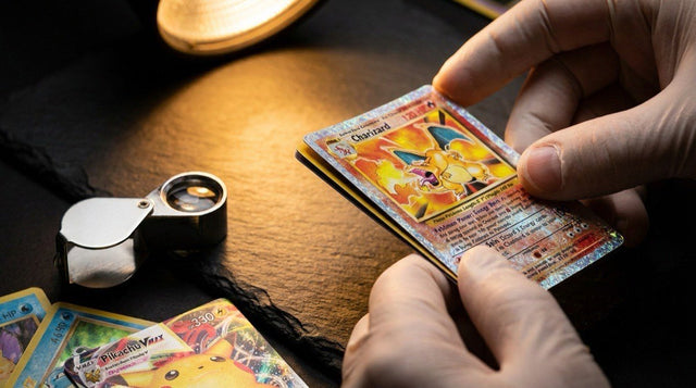 Pokemon cards being examined under light to verify authenticity showing the dark layer test
