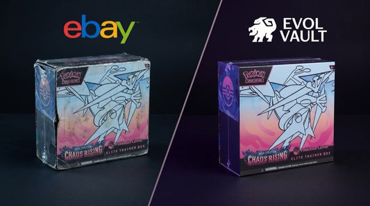 Worn battered Pokemon Chaos Rising Elite Trainer Box bought from eBay vs pristine factory-sealed Pokemon Chaos Rising Elite Trainer Box from Evol Vault