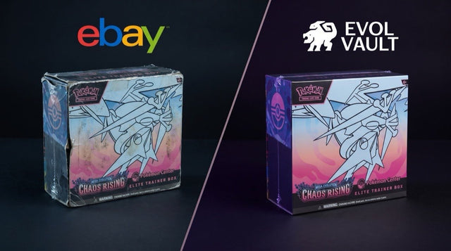 Worn battered Pokemon Chaos Rising Elite Trainer Box bought from eBay vs pristine factory-sealed Pokemon Chaos Rising Elite Trainer Box from Evol Vault