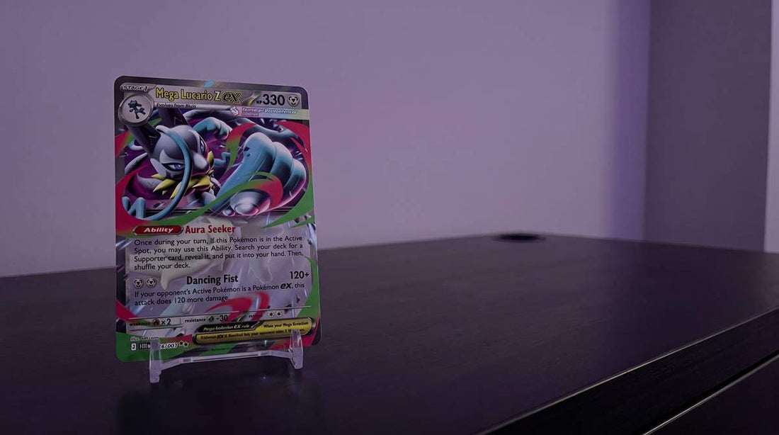 Mega Lucario Z ex card from Pokemon Flowing Fists standing in a clear acrylic stand on a black desk in a purple-lit room