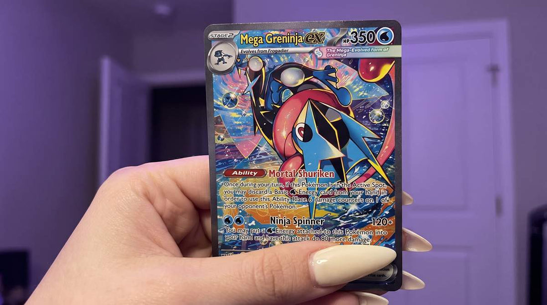 Mega Greninja ex Special Illustration Rare 116/086 from Pokemon Chaos Rising held up to the camera in a purple-lit room
