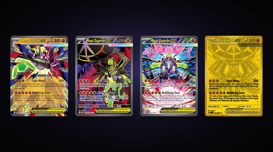 Four Mega Zygarde ex cards from Pokemon Perfect Order in a row: the Double Rare, Ultra Rare, Special Illustration Rare and gold Mega Hyper Rare versions