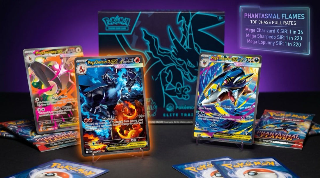 Phantasmal Flames Pokemon Center Elite Trainer Box pull rates editorial flatlay with Mega Charizard X SIR, Mega Sharpedo SIR, and Mega Lopunny SIR cards on a dark studio surface