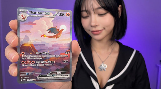 Evol Vault content host Alice holding the Pokemon 151 Charizard ex Special Illustration Rare card