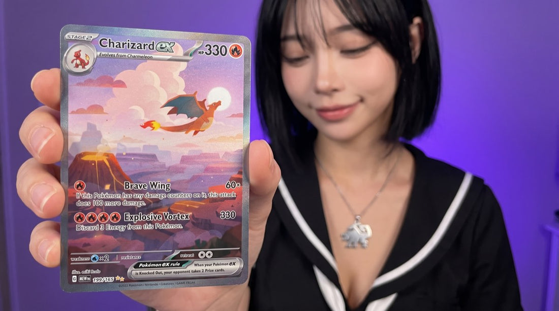 Evol Vault content host Alice holding the Pokemon 151 Charizard ex Special Illustration Rare card