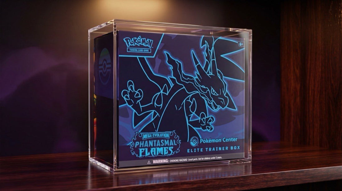Phantasmal Flames Pokemon Center Elite Trainer Box displayed in premium acrylic case as a sealed investment piece