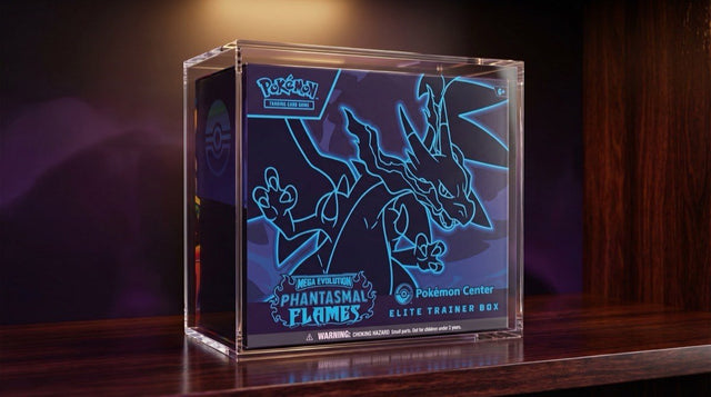 Phantasmal Flames Pokemon Center Elite Trainer Box displayed in premium acrylic case as a sealed investment piece