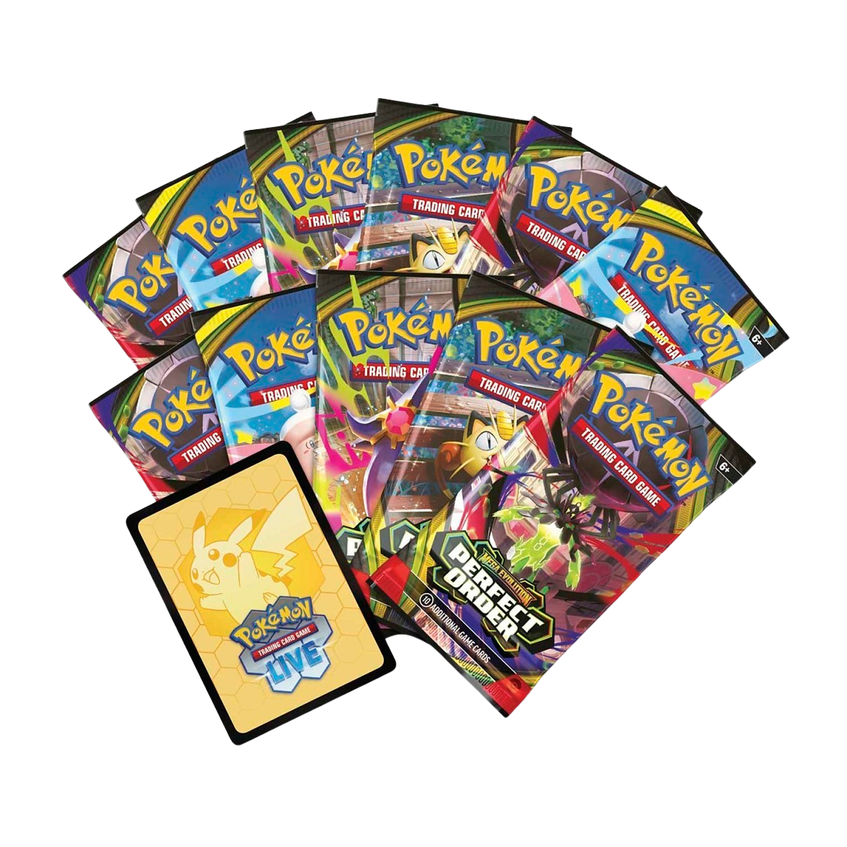 Pokemon Perfect Order ETB (Elite Trainer Box) booster packs and Pokémon TCG Live code card, 2026 release.