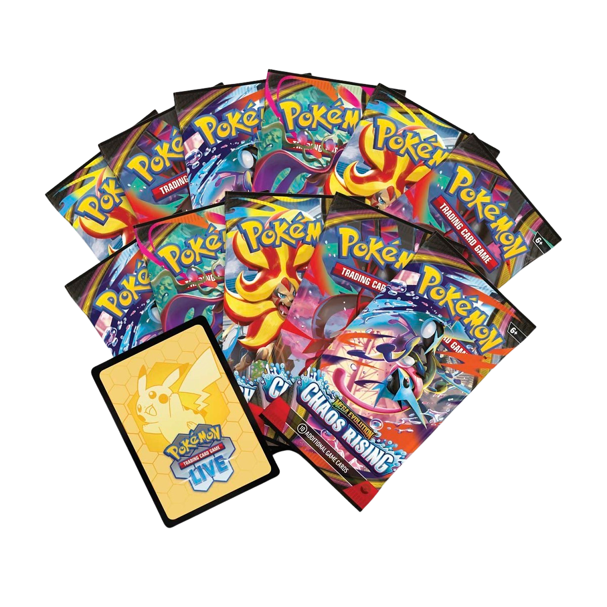 Pokemon Chaos Rising ETB 11 booster packs and TCG Live code card