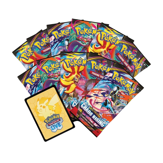 Pokemon Chaos Rising ETB 11 booster packs and TCG Live code card