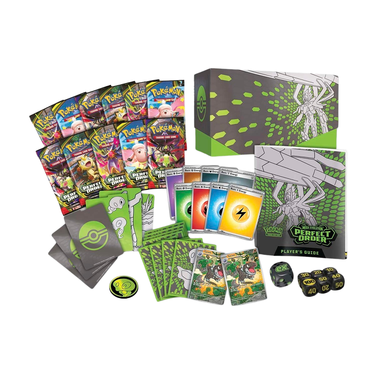 Pokemon Perfect Order ETB – full contents with booster packs, sleeves, promo cards, dice, and player's guide.