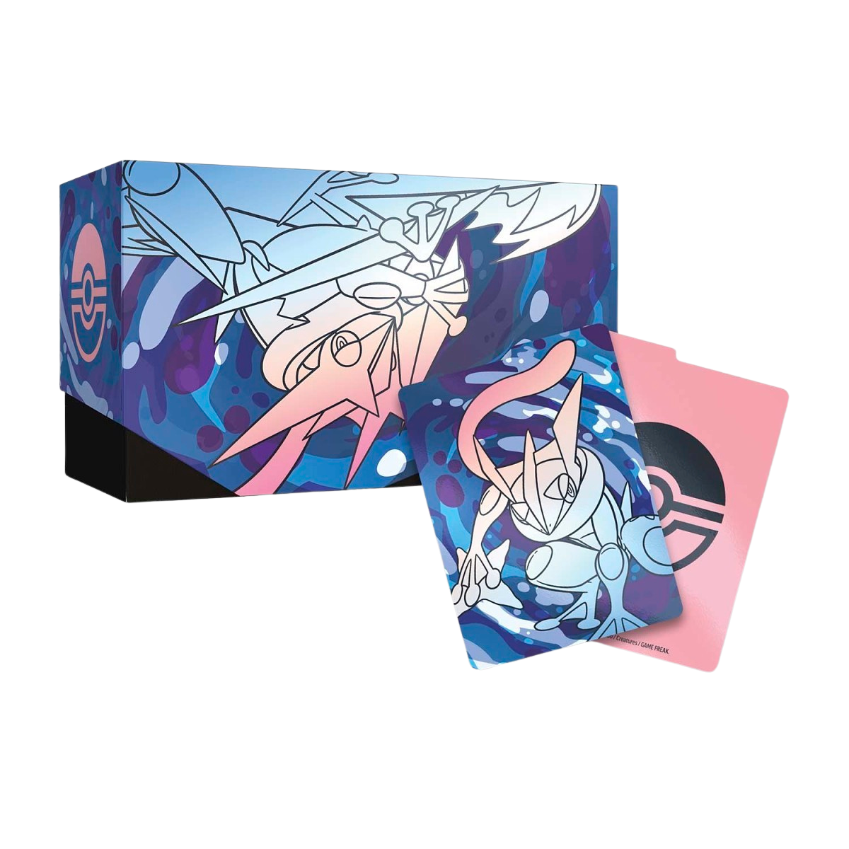 Pokemon Chaos Rising ETB storage box and card dividers with Mega Greninja ex and Mega Floette ex artwork