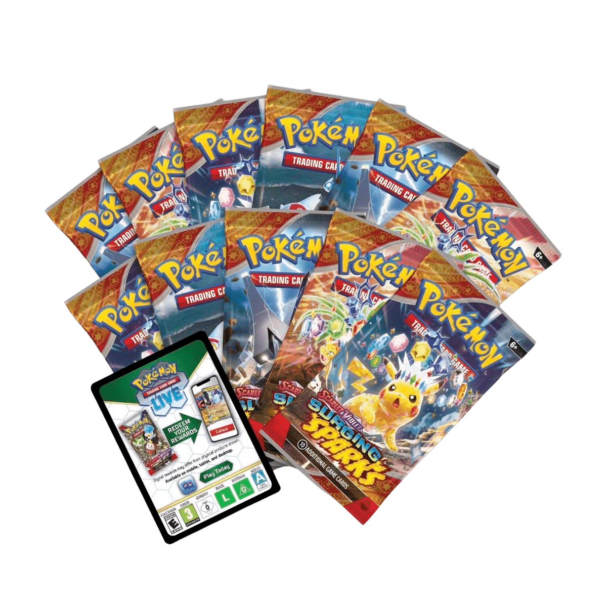 Pokemon Surging Sparks ETB 11 booster packs and code card for Pokemon TCG Live