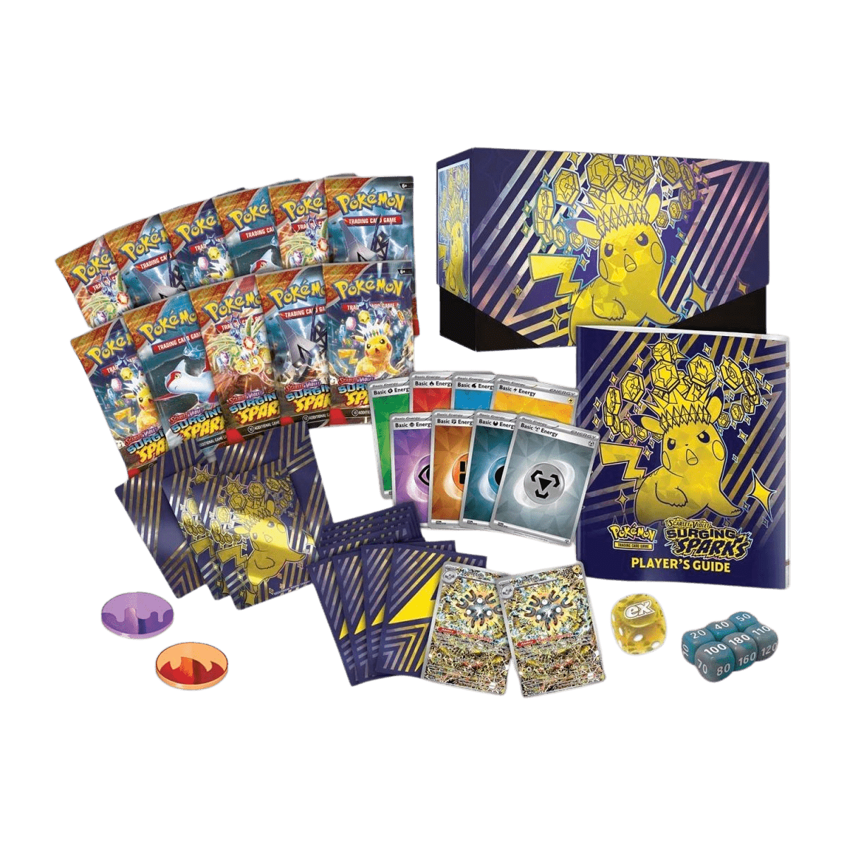 Pokemon Surging Sparks ETB Pokemon Center Exclusive complete contents including 11 packs, sleeves, dice, and guide