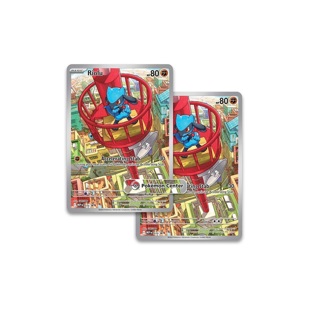 Two pokemon mega evolutions promo trading cards from the ETB featuring a riolu.