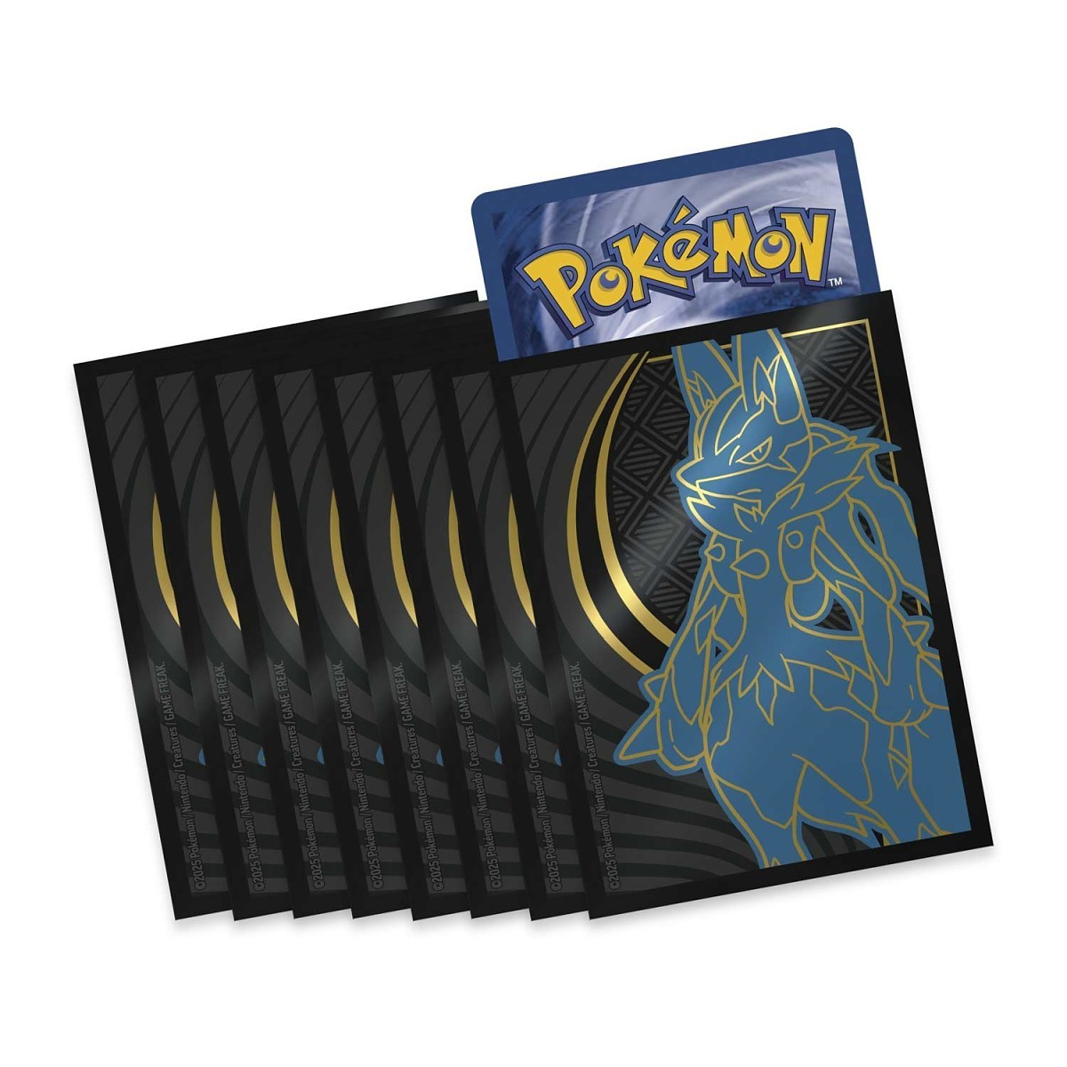 Pokémon mega evolution trading card sleeves with a lucario illustration on the back.