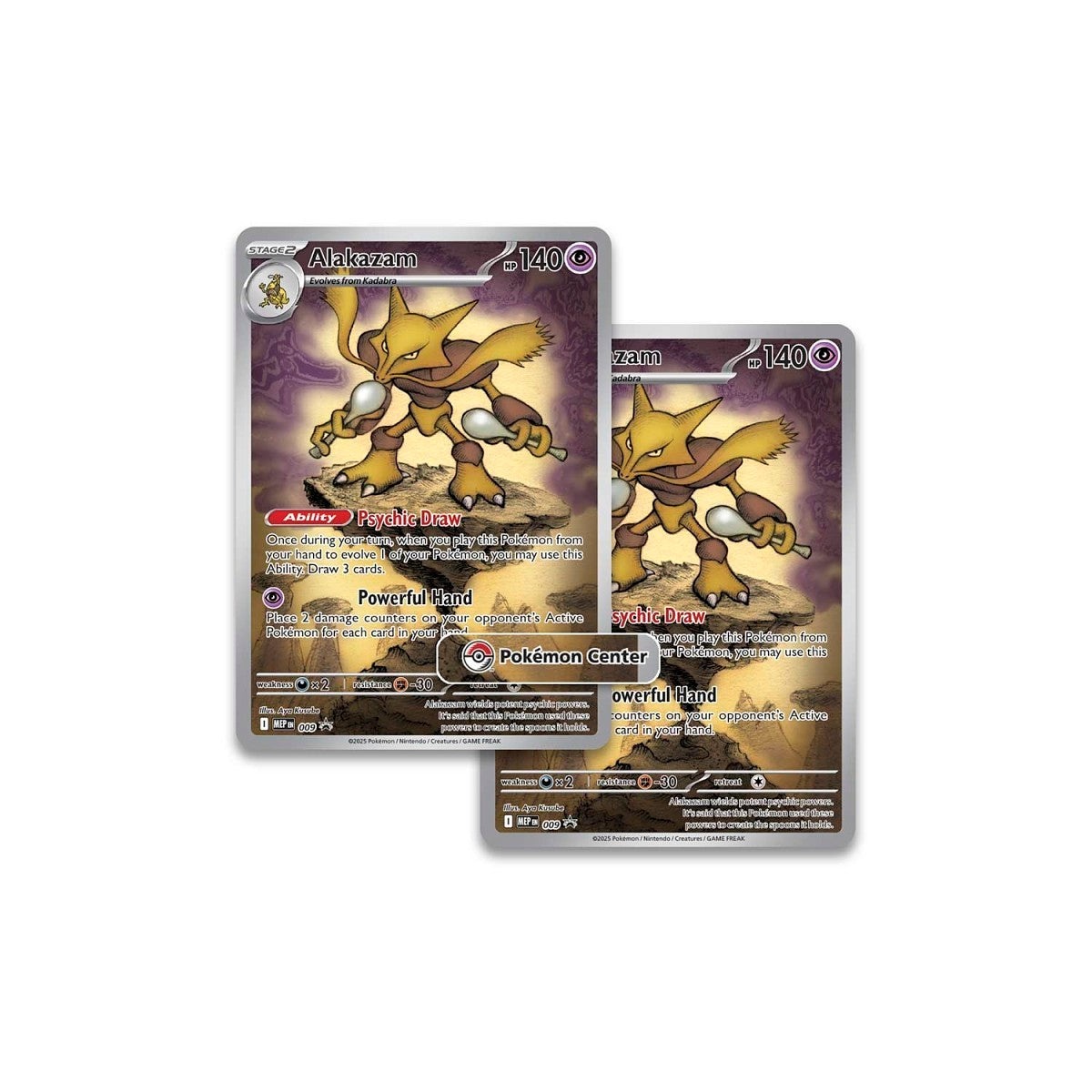 Two Alakazam trading promo cards from a Pokémon mega evolutions etb.