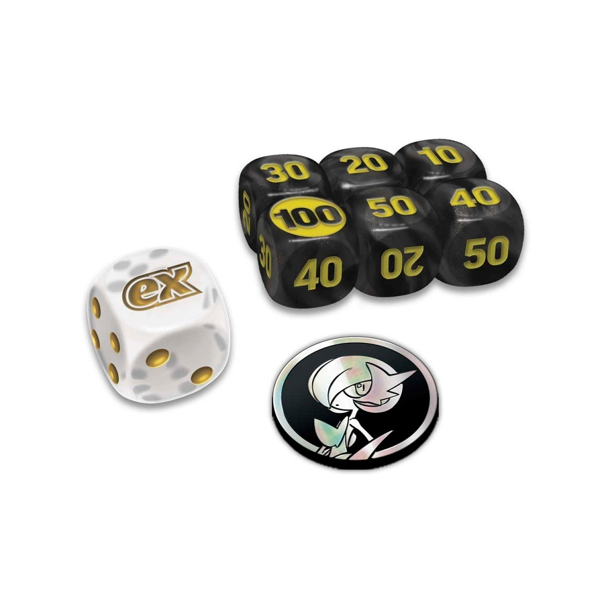 Set of pokemon mega evolutions dice with numbers and a white die with 'ex' logo.