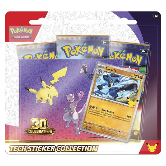 Pokémon 30th Celebration Tech Sticker Collection — Lucario — front view, factory sealed