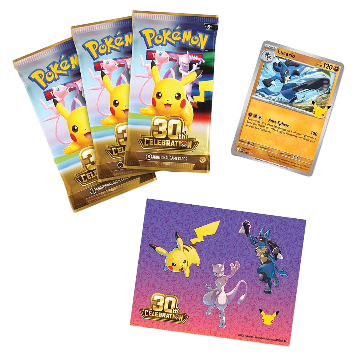 Pokémon 30th Celebration Tech Sticker Collection — Lucario — angled view, factory sealed