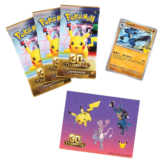 Pokémon 30th Celebration Tech Sticker Collection — Lucario — angled view, factory sealed