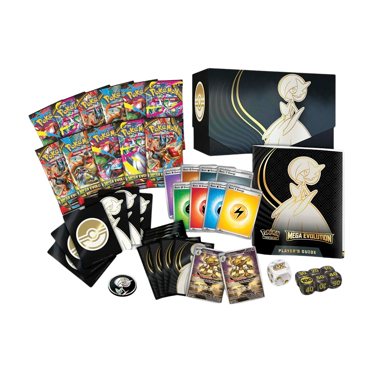 Collection of pokemon mega evolutions trading cards, packaging, and accessories.